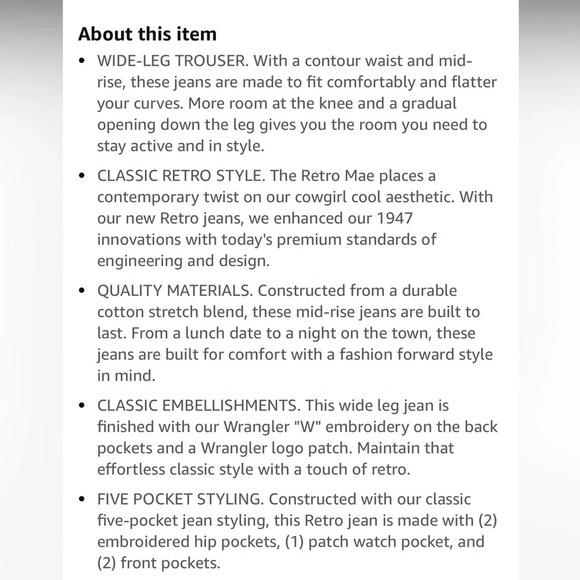 Wrangler Retro Mae Wide Leg Trouser Stretch Jeans Dark Blue Size 17/18 x 34 - Picture 12 of 14